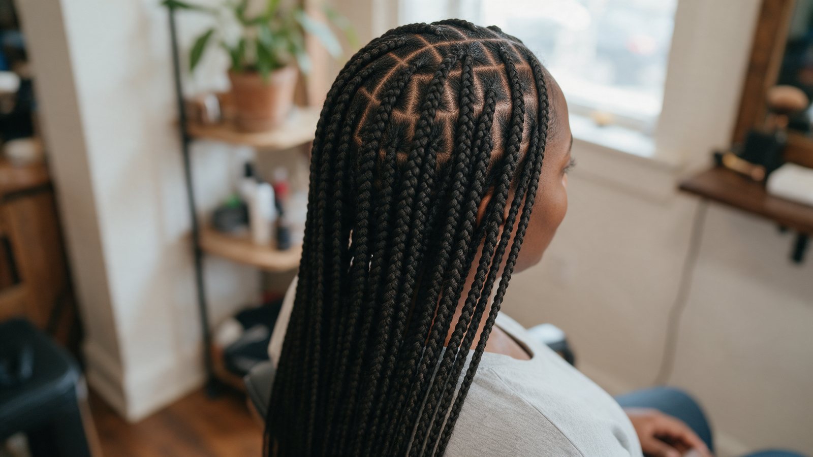 Long knotless braids finished in the salon.